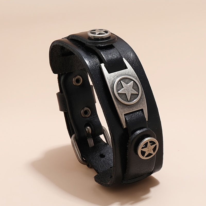 [Trending Pick] Men's Punk Rock Style Bracelet, Made of Genuine Leather with Zinc Alloy Star Pendant, Non-Magnetic Fashion Statement Piece