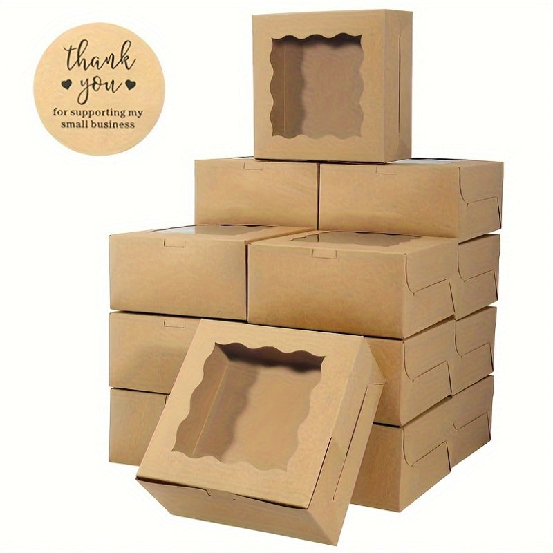 Box of 30 brown bakery boxes with windows, perfect for packing cookies, cakes, and macarons. These disposable paper bread containers have a square flip top design, ideal for packaging desserts and supporting small businesses.