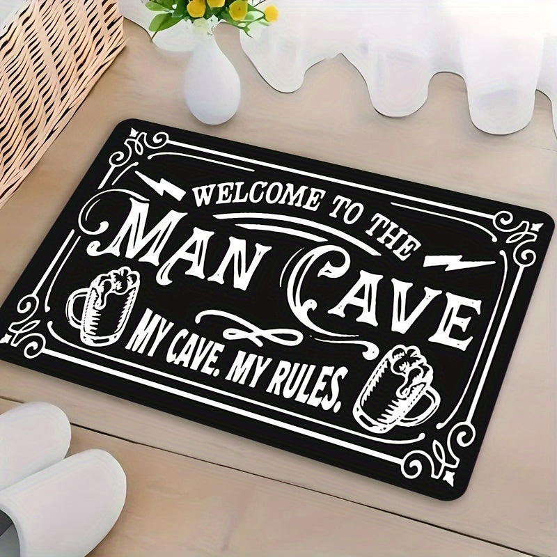 Rectangular "Welcome to the Man Cave" Door Mat - Perfect for Christmas, Halloween, Easter, Hanukkah, Thanksgiving Decor. Made of Polyester, Machine Washable, Non-Slip, Indoor Entrance Bath Rug - Ideal for Home Kitchen Decor. 1pc.