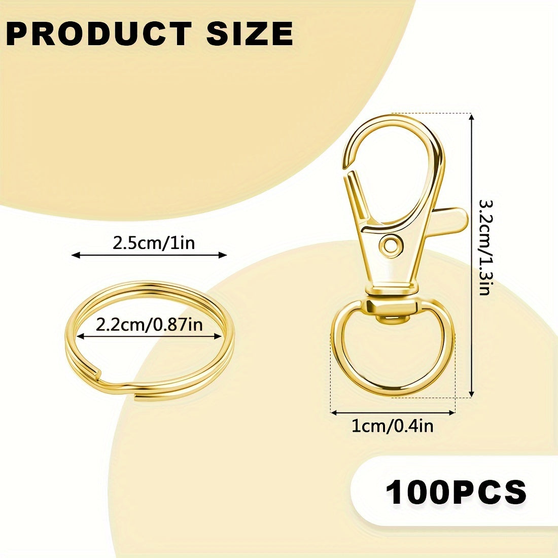 A set of 100 Golden Keychains, including Swivel Lobster Clasps Key Ring Clip Hooks, Twist Clasps, 50 Rotating Carabiner Hooks, and 50 Key Rings in Gold (Type A)