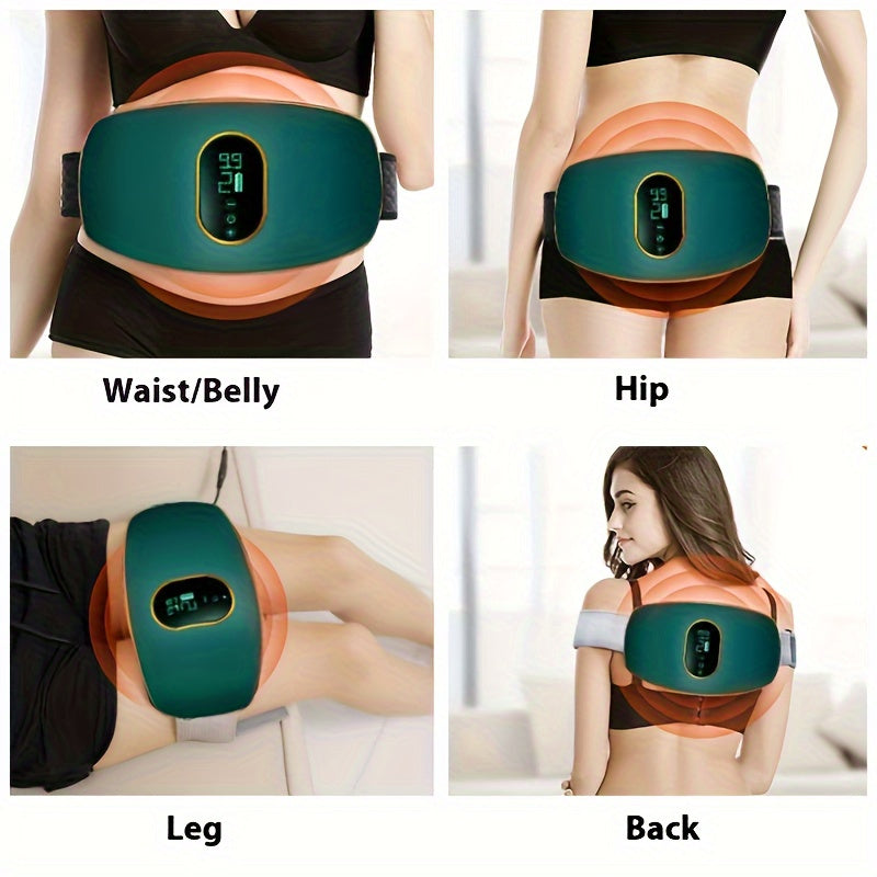 Adjustable vibration heating waist trainer, made of elastomer material with USB charging. Comes with a 250mAh lithium battery, ideal for home use (adapter not included).