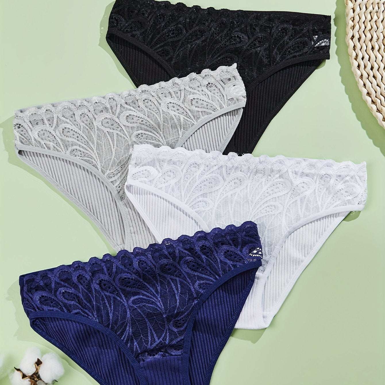 Four paisley lace briefs, sexy and comfortable stretchy intimates for women.