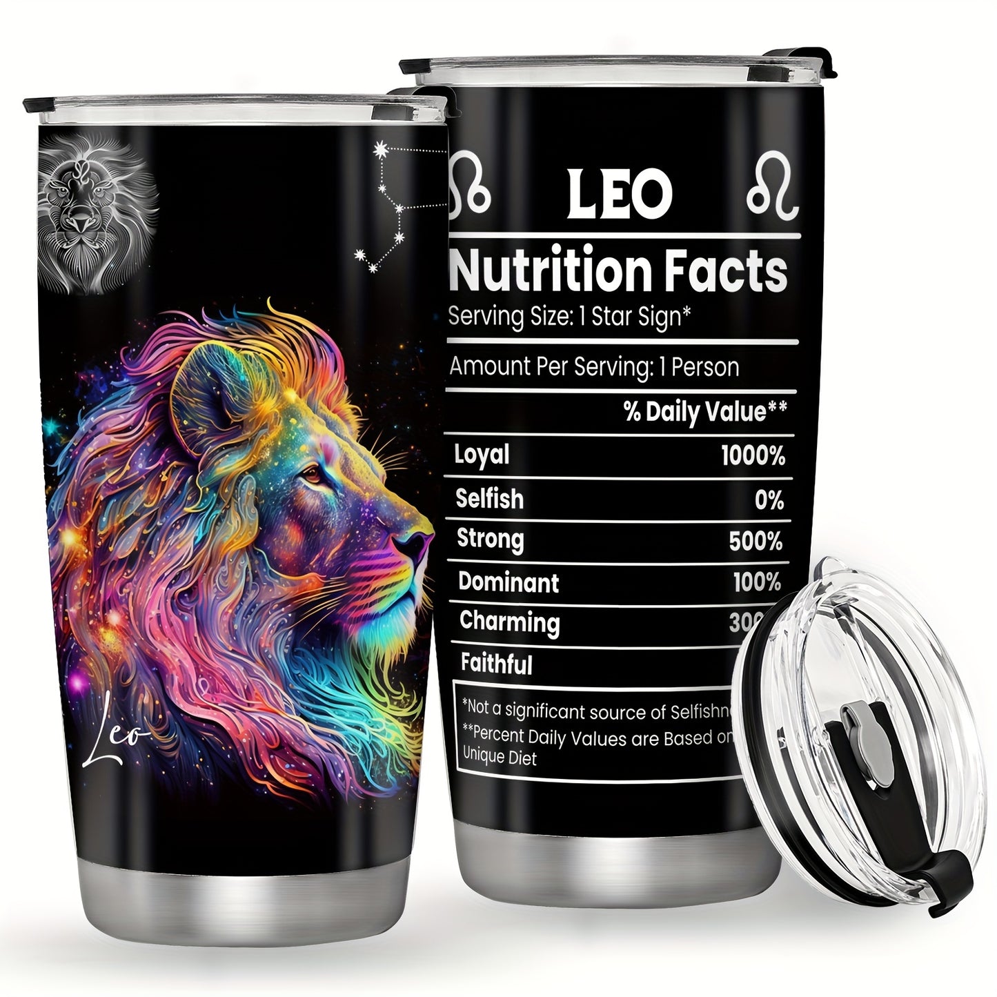 20oz Stainless Steel Zodiac Tumbler - Personalized Constellation Coffee Cup with Horoscope Designs. Leak proof, double wall vacuum insulated with BPA free lid. Ideal for outdoor activities. Perfect gift for various occasions. Machine washable. Leo