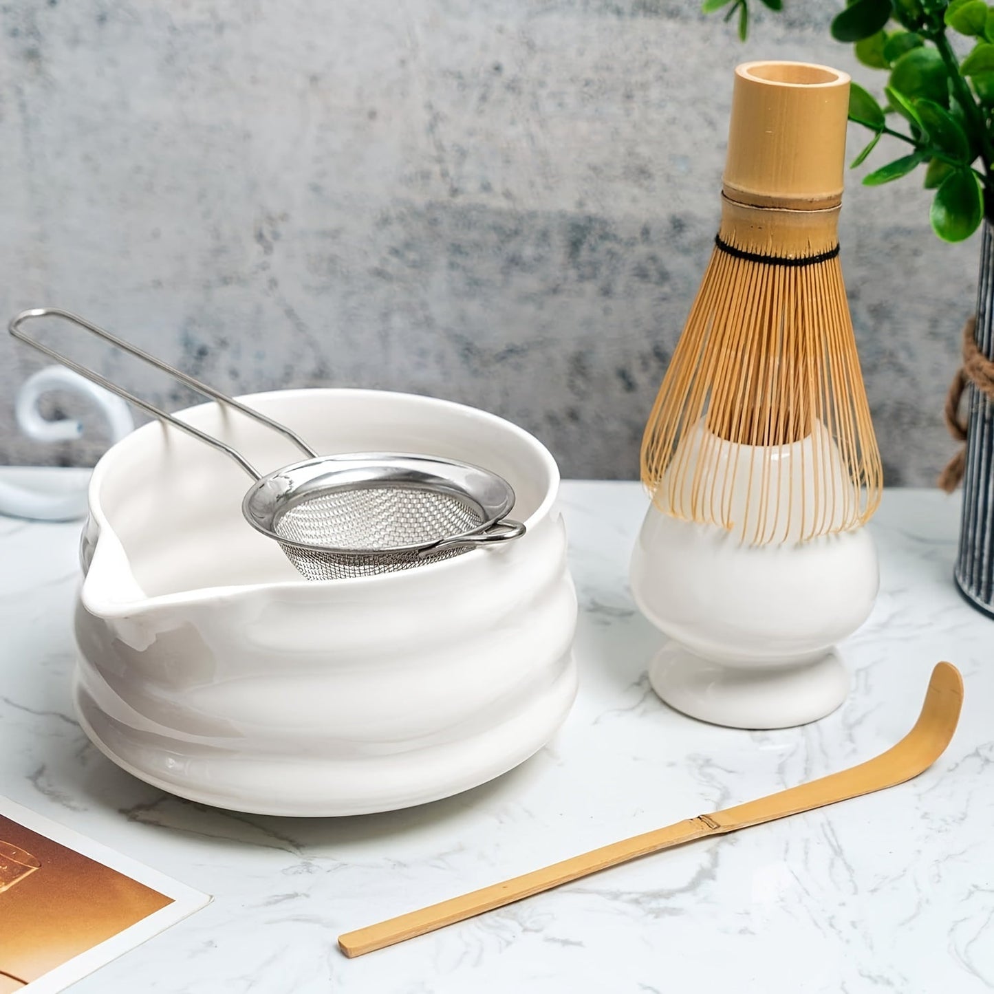 Authentic Japanese Matcha Ceremony Kit: Includes Ceramic Tea Bowl, Bamboo Tea Whisk, Gold-Plated Tea Scoop, and Matcha Sieve - Ideal for Traditional Matcha Rituals