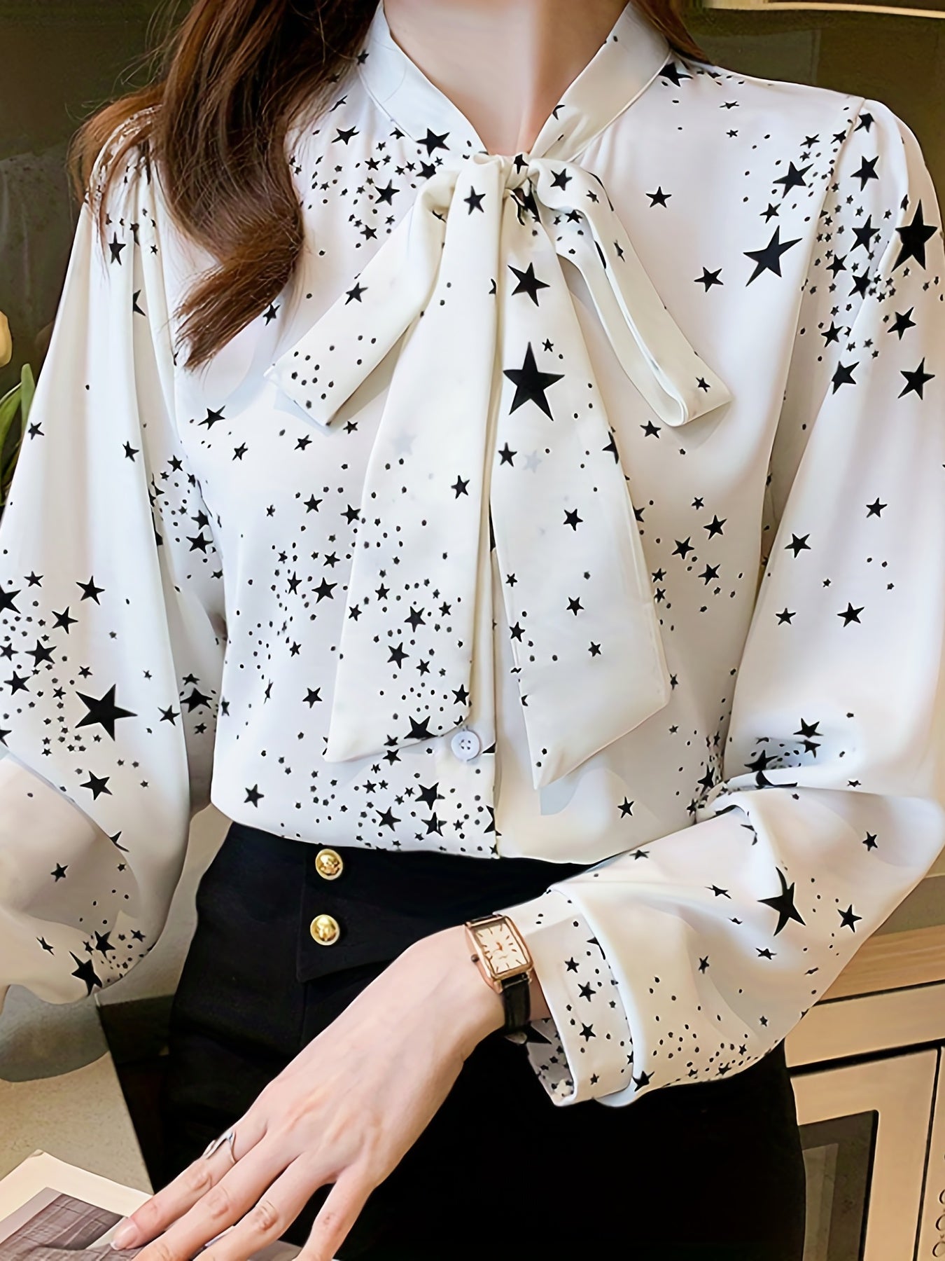 Chic long sleeve blouse with bow tie detail, made of 100% polyester and machine washable. Perfect for spring and fall fashion.