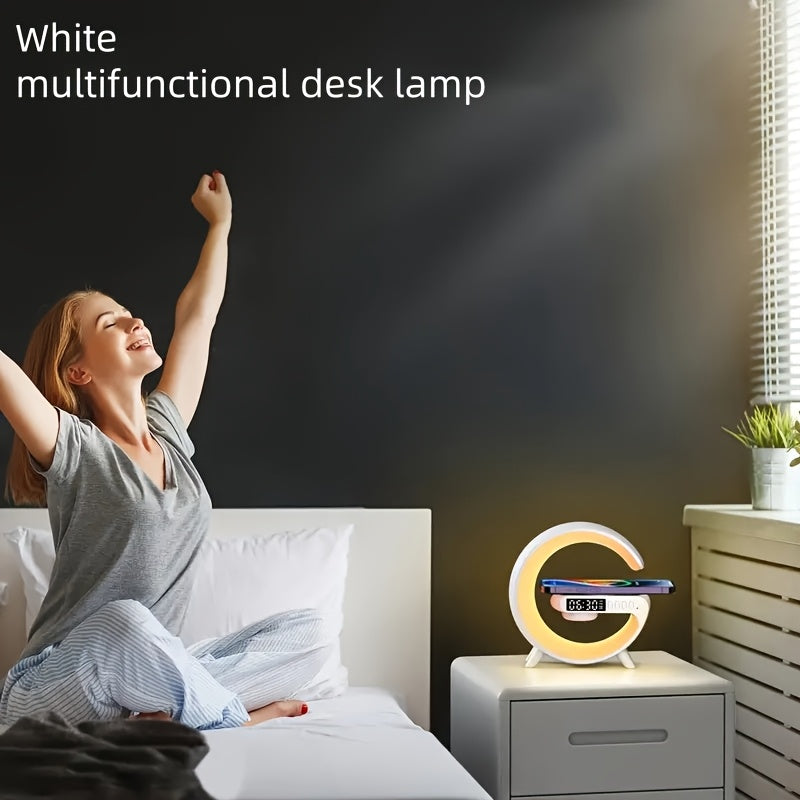 A multifunctional ambient lamp with wireless charging, sound system, RGB LED lights, time display, alarm clock, and TF card playback.