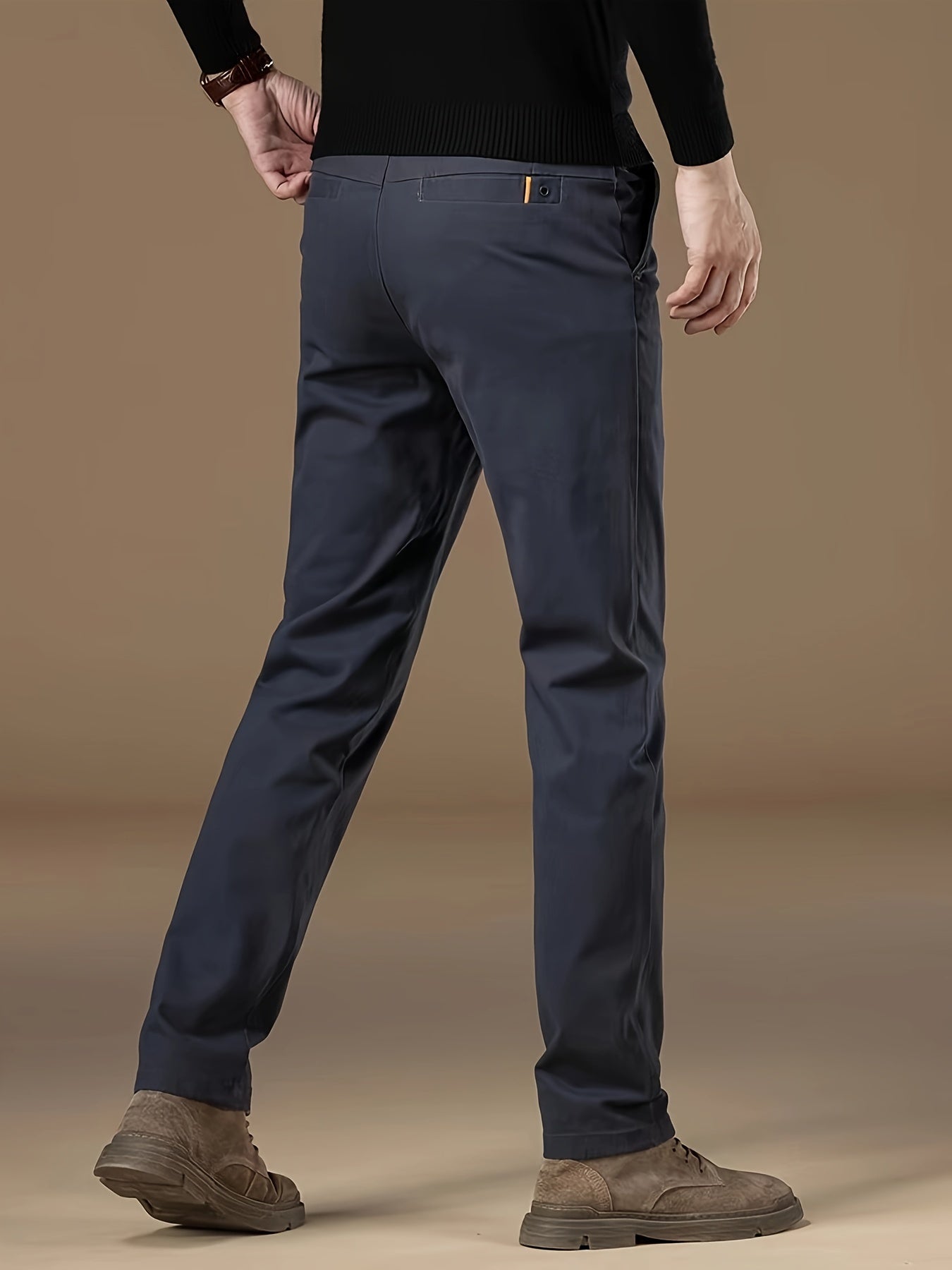 Men's business casual cotton blend pants with a regular fit, straight leg, solid color, no belt, ideal for spring/autumn. Features pocket detail, button closure, mid-waist, and woven fabric.