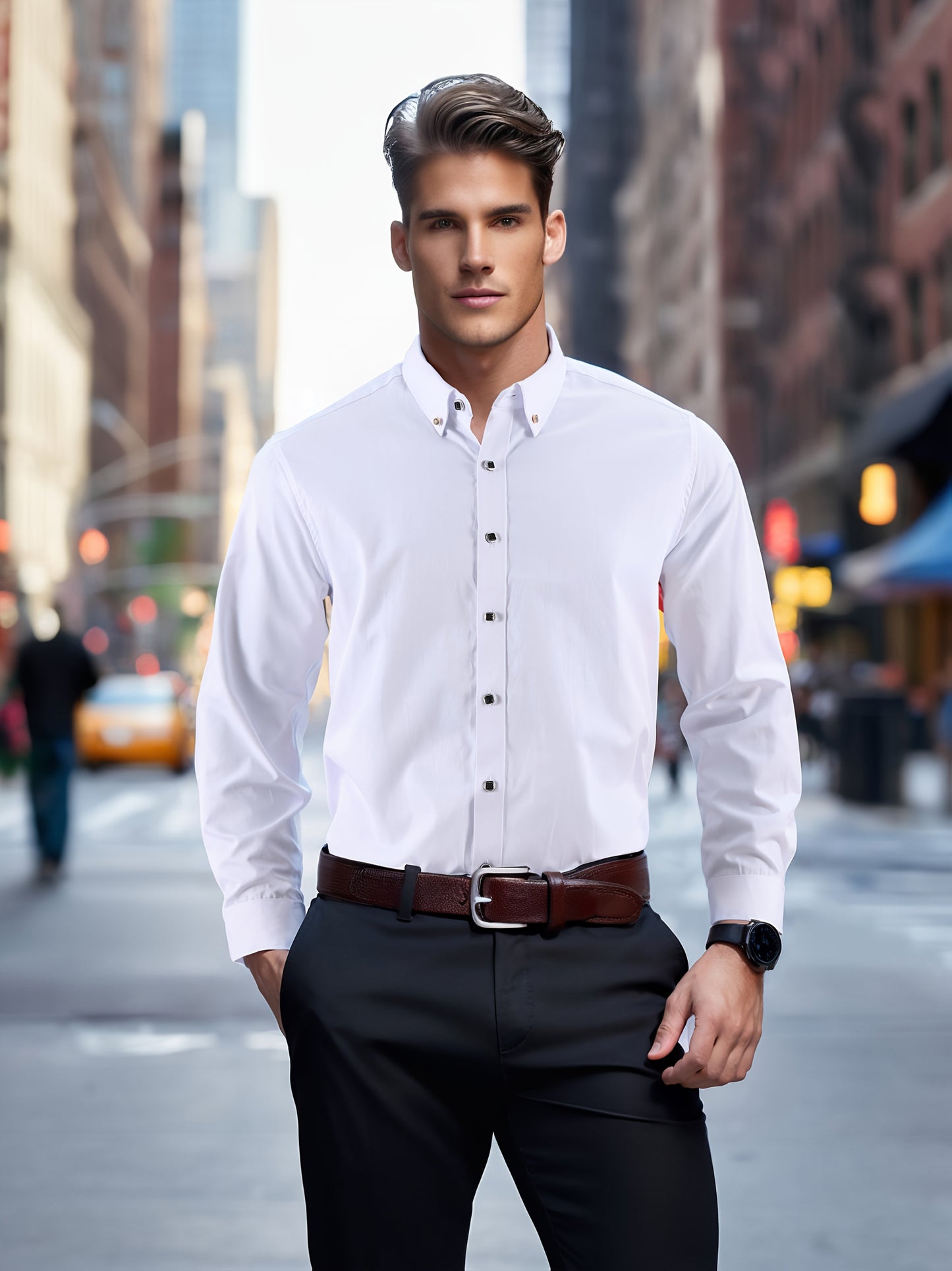 Men's elegant cotton blend shirt with 40% cotton and 60% polyester, regular fit, solid color, breathable fabric with slight stretch, woven, button closure, lapel collar, short sleeve for