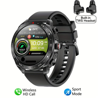 [Popular Choice] Smart Watch with built-in TWS headphones, AI voice, HD touch screen, fitness tracker, and steel/silicone strap for men.