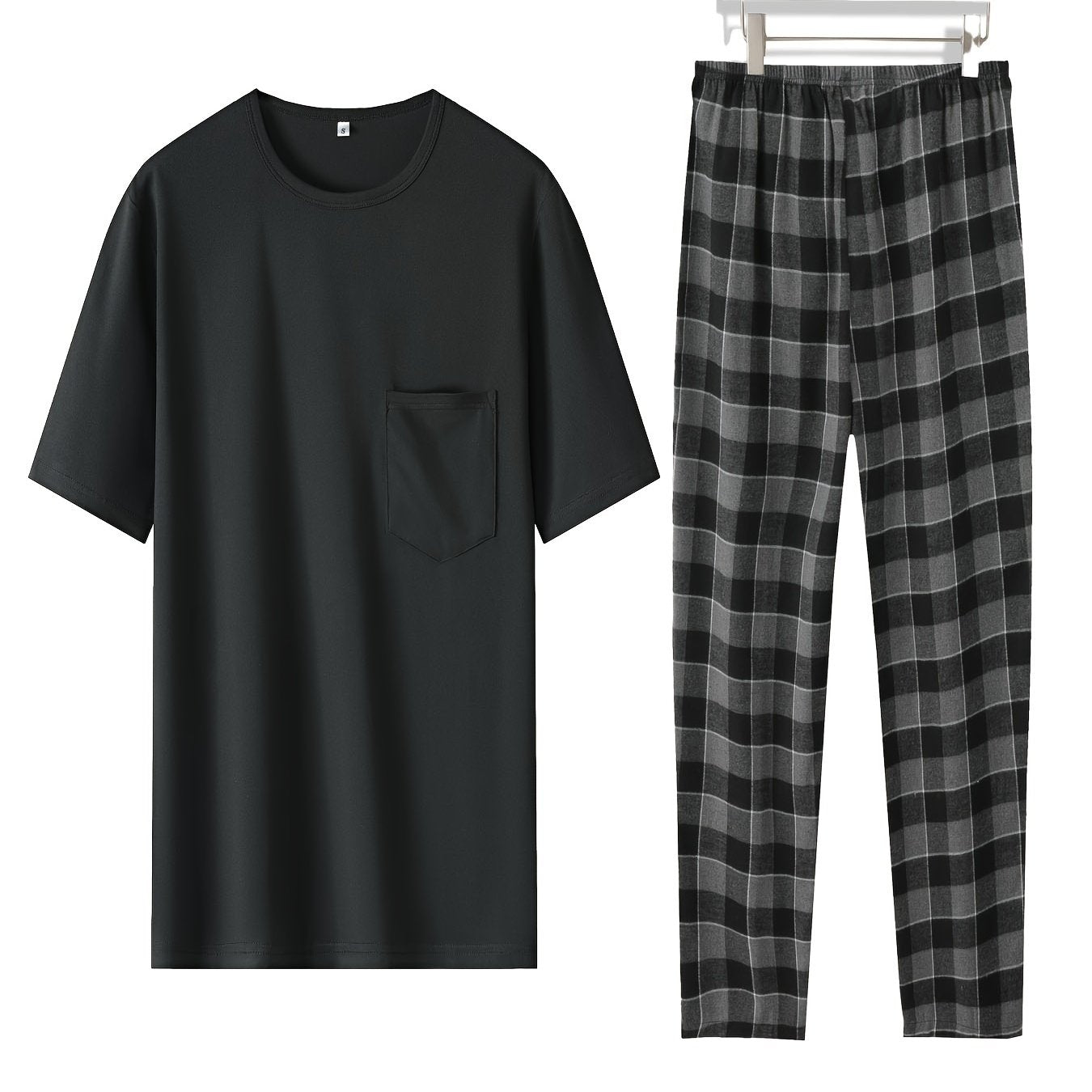 Men's Plus Size Loungewear Set - Polyester Crew Neck Short Sleeve T-Shirt with Patch Detail & Plaid Pants, Regular Fit, Four Seasons Comfort - DM2050, PLUS SIZE