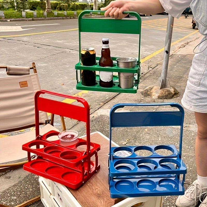 Plastic beer caddy for outdoor camping and home use, portable and foldable, great for beverage transport and organization.