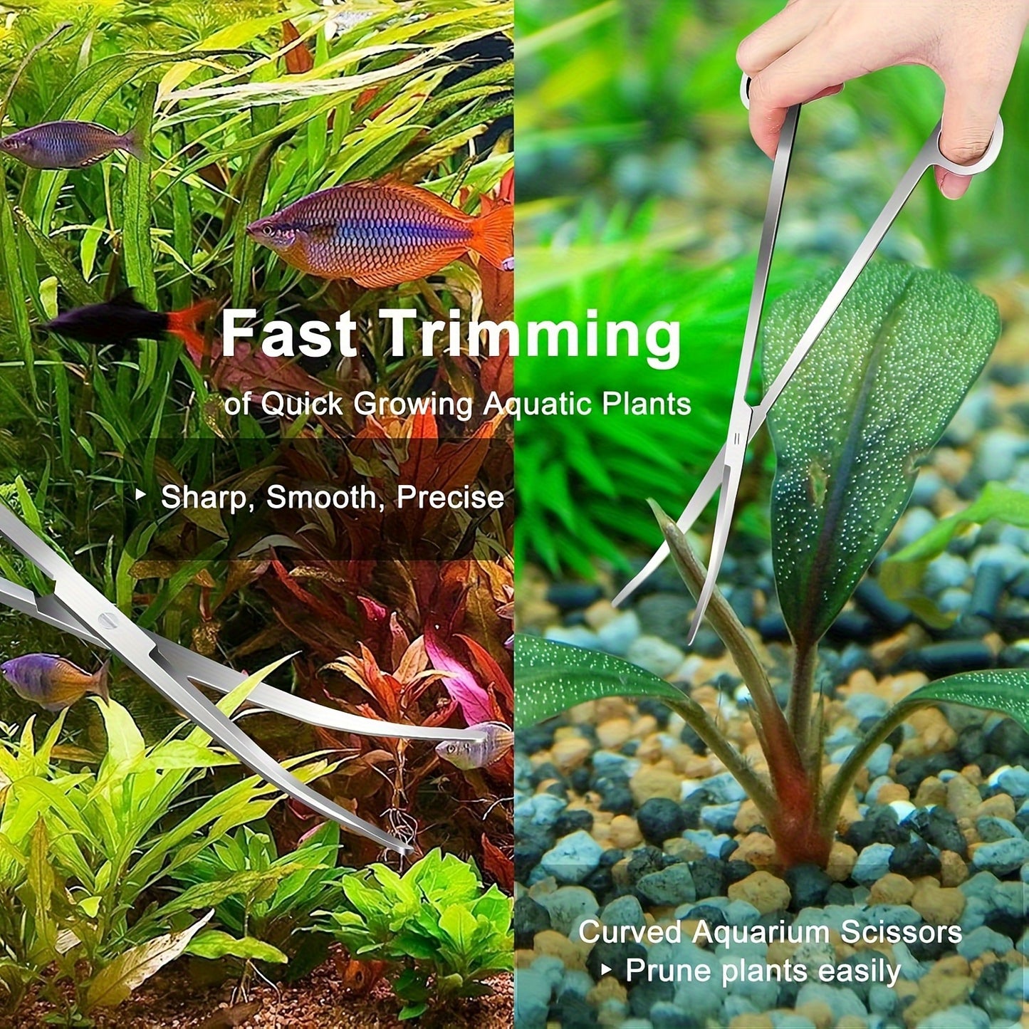 A set of 4 aquarium landscaping tools including long tweezers, scissors, spatula, and a four-in-one stainless steel aquatic plant set, suitable for fish starter kits, aquarium tanks, and