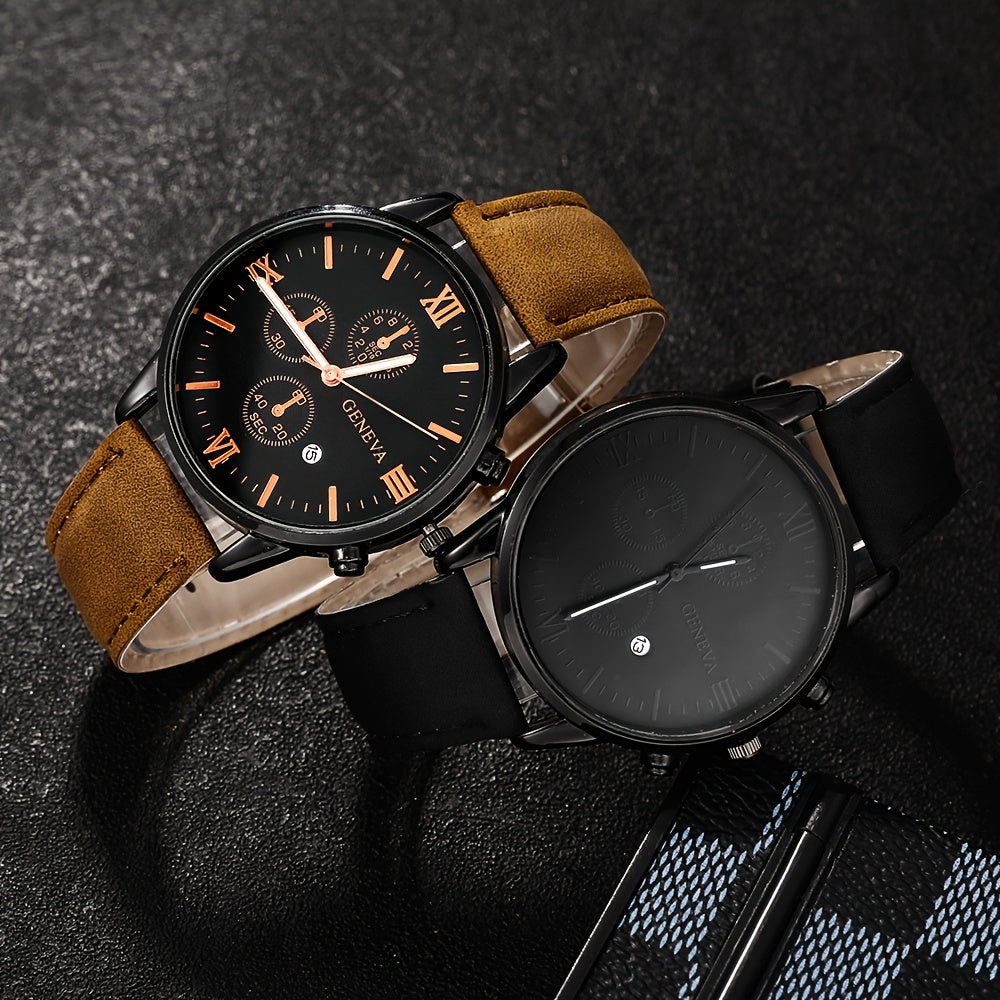 Exquisite 2-Piece Men's Quartz Watch Set featuring Calendar - Ideal for School, Graduation, or any Special Occasion - Crafted with Luxury Leather Straps, Non-Waterproof, Analog Display, and Stylish Alloy Cases