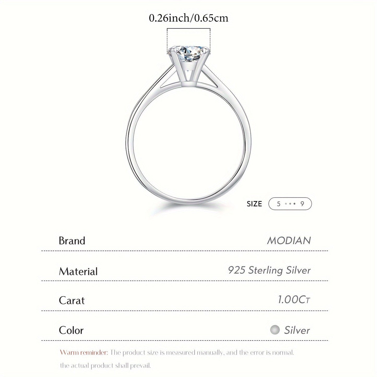 Stunning MODIAN 1 Carat Moissanite Engagement Ring for Women featuring a 925 Sterling Silver Band, Classic 4-Prong Solitaire Setting with D Color VVS Clarity, Round Brilliant Cut Stone. Perfect for Weddings and Valentine's Day, makes a beautiful jewelry