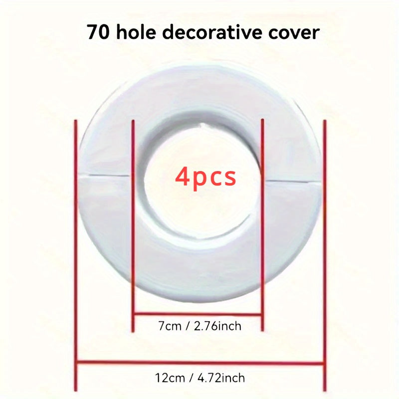 Set of four white plastic covers for air conditioner holes, made of PP material. These decorative caps are designed to protect wall-mounted pipes with hole sizes of 5.0cm, 5.99cm, 7.01cm, and 8.0cm.