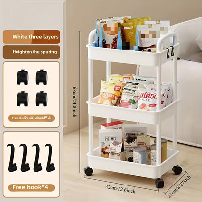 Durable plastic storage cart with multiple tiers for organizing kitchen, bathroom, and bedroom. Easy to assemble with baskets, bins, and containers for home organization.