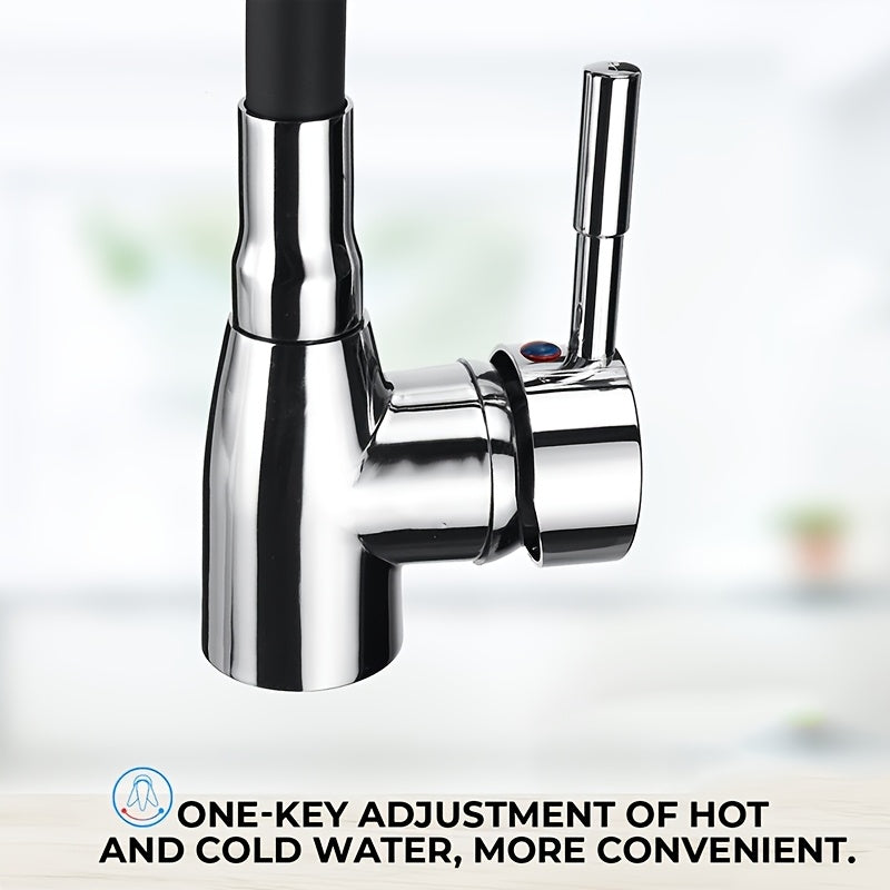 Classic style zinc alloy kitchen faucet with 360° rotating single handle, polished chrome finish. Deck mounted with installation hardware included, ceramic valve. No electricity or battery