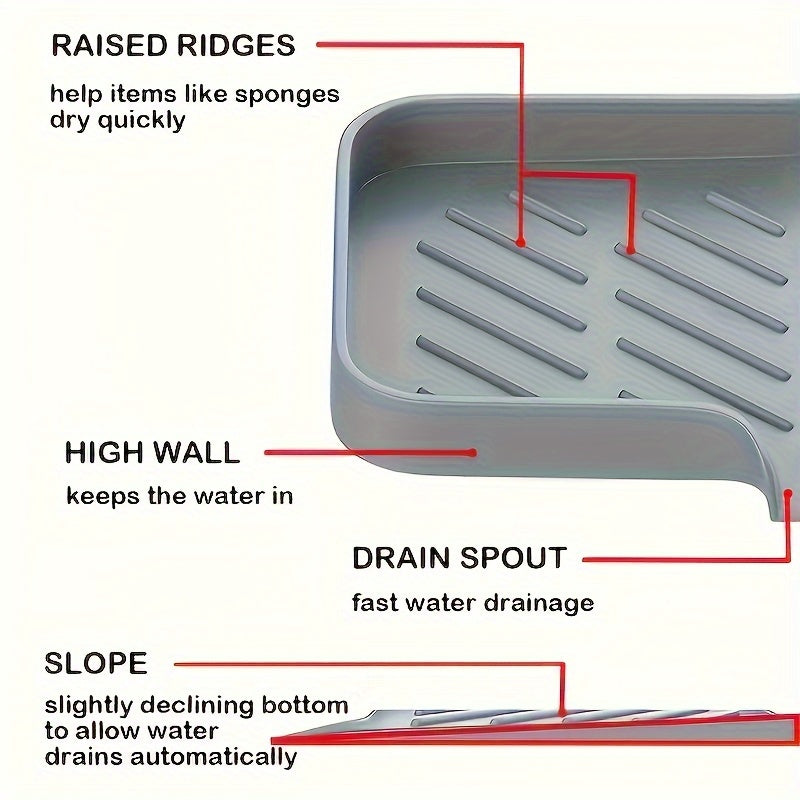 1 Pack Silicone Kitchen Sink Caddy - Dish Sponge Holder with Drain Spout for Countertop, Organizer Tray for Sponge, Soap, and Scrubber, Multiuse Drainage Pad for Home Kitchen and Bathroom Accessories