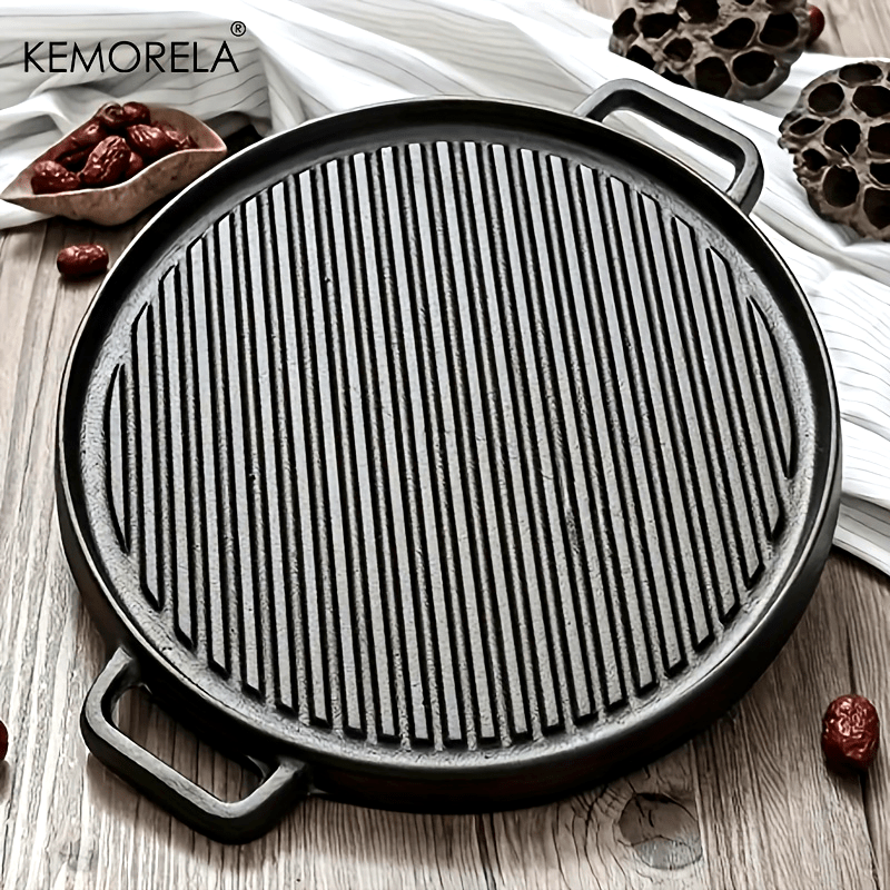 KEMORELA Non-Stick BBQ Grill Pan - Round Cast Iron Steak Plate for Indoor & Outdoor Cooking - Smokeless and Versatile Kitchen Tool