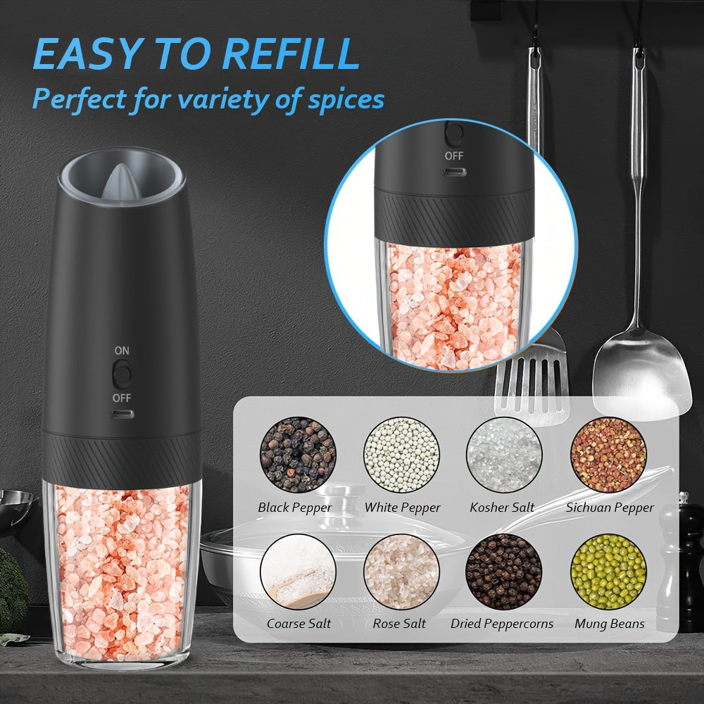 1 piece or 2 pieces of USB Rechargeable Electric Pepper Grinder with Gravity Sensing, LED Light, Transparent Container, Adjustable Coarseness, Built-in Lithium Battery, and On/Off Button