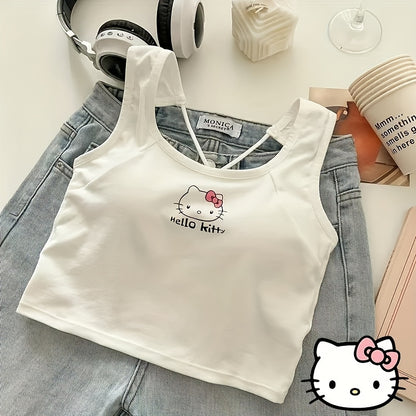 1pc Sanrio Hello Kitty Anime-Themed Sleeveless Cropped Top made of 94% Cotton and 6% Spandex, Machine Washable, White with Pink Hello Kitty Design, Perfect for Casual Summer Fashion and