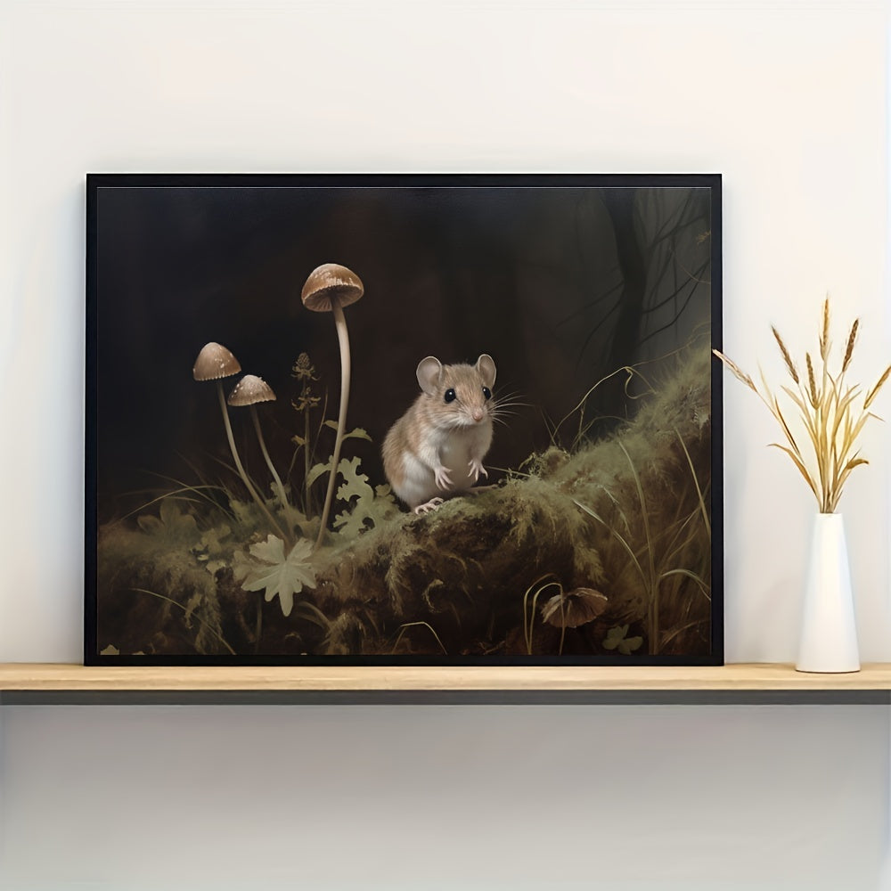 Canvas art featuring a charming mouse and mushrooms in a forest-inspired oil painting print. Ideal for enhancing the decor of a living room or bedroom. Unframed dimensions are 29.97x39.88 cm.