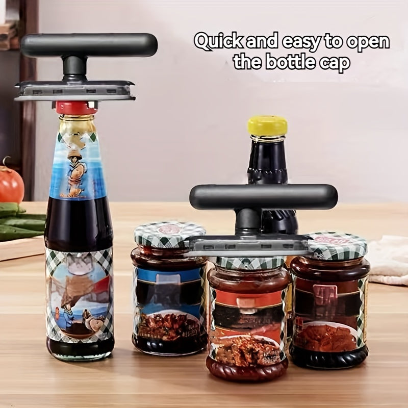 Adjustable multifunctional metal jar opener for bottles and cans, with a lid gripper and manual operation, ideal for kitchen use and party supplies.