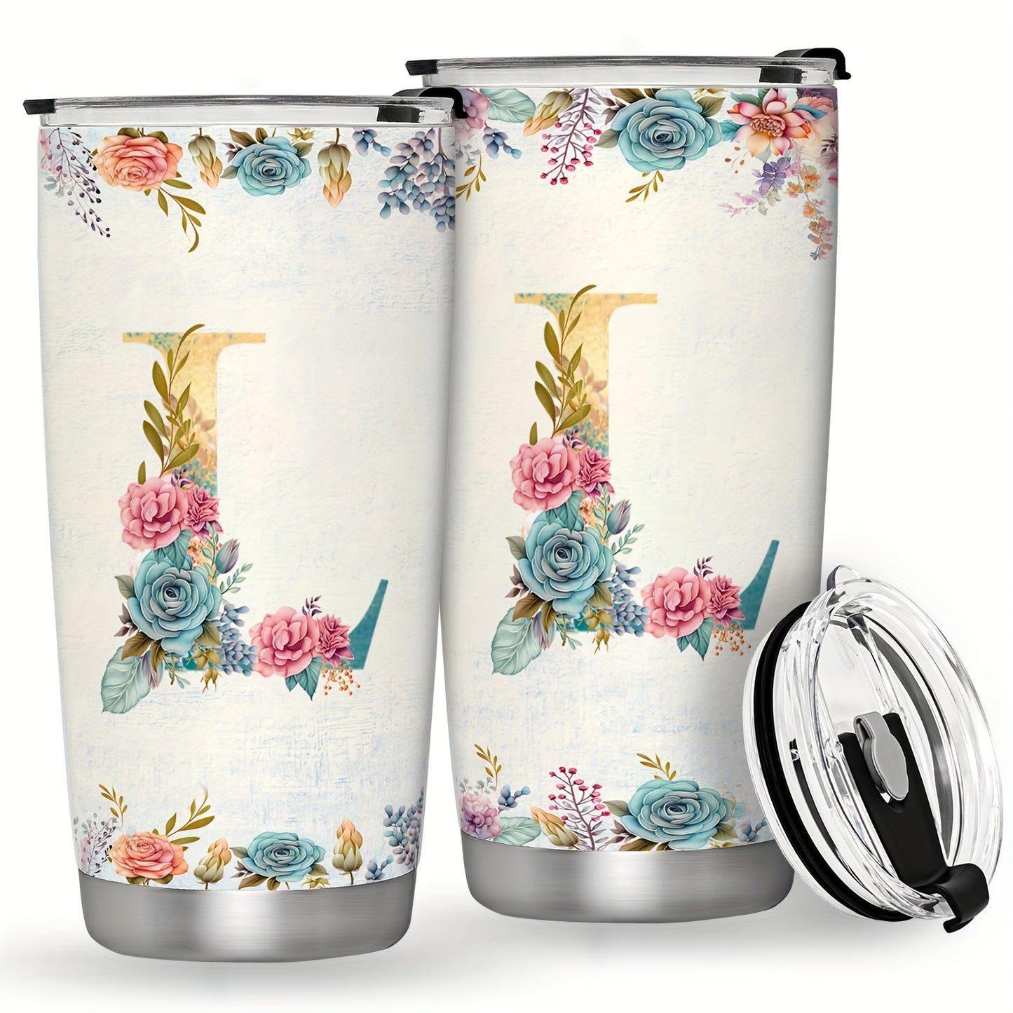 20oz Stainless Steel Tumbler with Initial Monogram, Floral Design, Leak Proof Lid, Perfect for Outdoor Activities, Great Gift for Holidays.