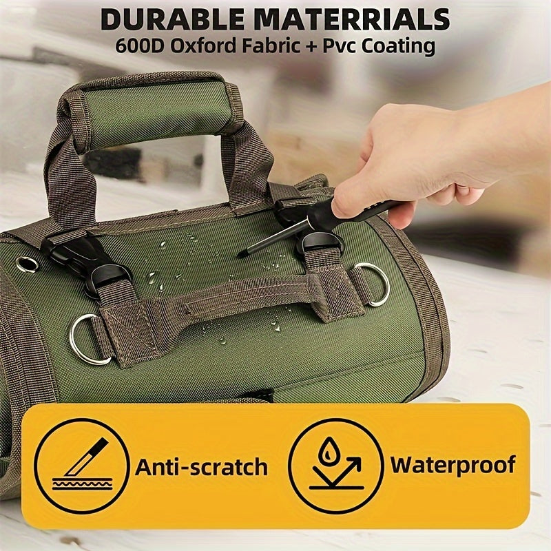 Durable roll-up tool bag for electricians and mechanics with waterproof fabric, multiple compartments, and adjustable shoulder strap in green.