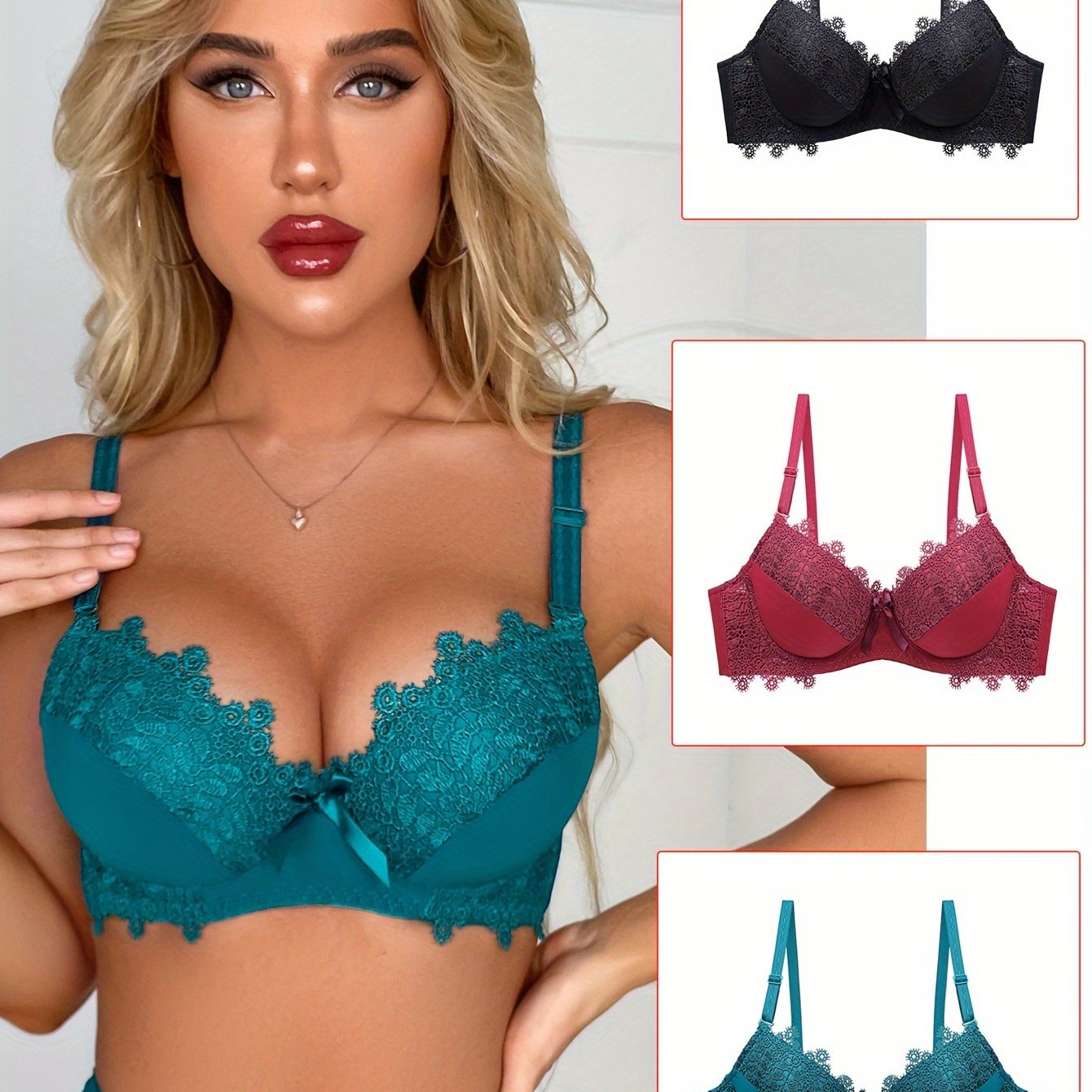 Set of 3 push up bras with contrast lace, comfortable and breathable, includes bow tie detail, for women's lingerie and underwear collection.