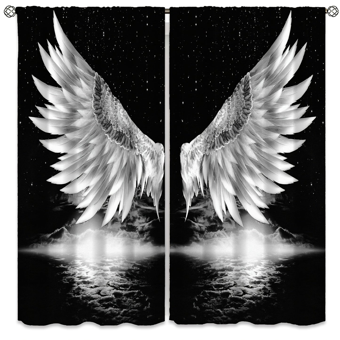 Black art window curtains featuring angel wings and stars, perfect for adding a touch of celestial charm to any room in your home or office. Enhance the decor of your bedroom, living room, or workspace with these stylish and elegant drapes.