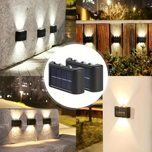 6 LED warm light Solar Wall Sconce for outdoor decorative lighting with energy-saving solar power, light sensor control, acrylic shade, and metal-like plastic housing.