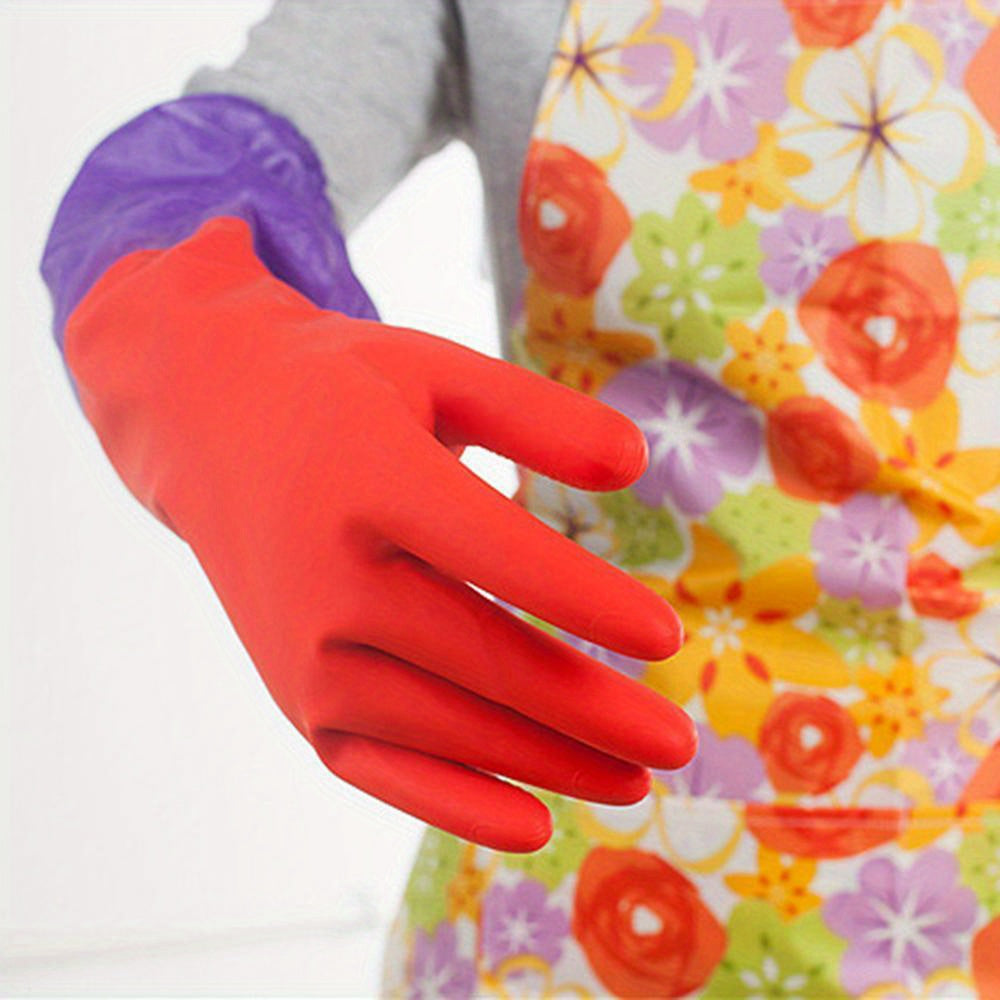 Durable, winter-proof floral design gloves made from lead-free waterproof PET rubber with fleece lining. Perfect for household cleaning in the kitchen, bathroom, toilet, car, and patio. Features long sleeves and thickened material for added protection.