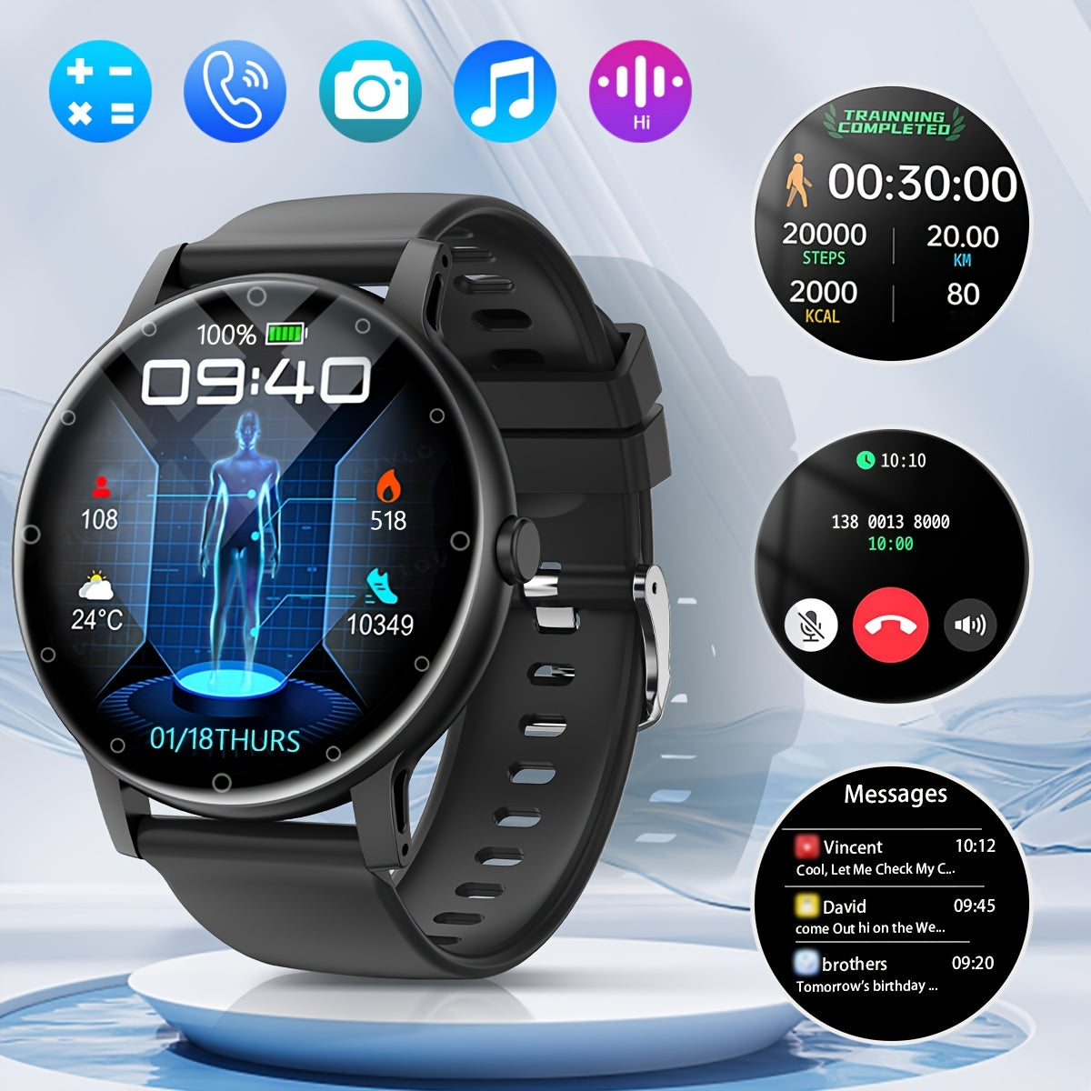 3.53cm Full Touch Smart Watch with Sleep Tracker, Wireless Call, Pedometer, Music Control, 100+ Sport Modes, Ai Control, Games, Fitness Tracker for Android/ IOS Phones. Ideal for Women and