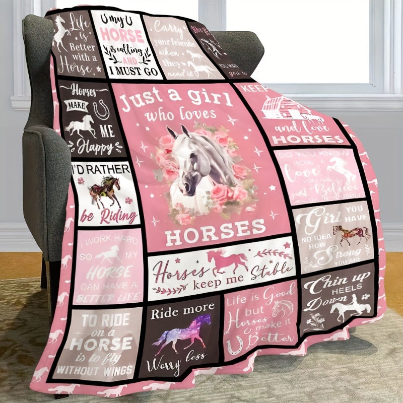 Elegant Horse-Inspired Flannel Throw Blanket in Glam Style - Perfect for Horse Lovers' Birthdays! Made of 100% Polyester, Hypoallergenic, All-Season, Knitted Design with Digital Print. Recommended for Dry Cleaning. Great Equestrian Gift Idea for Girls