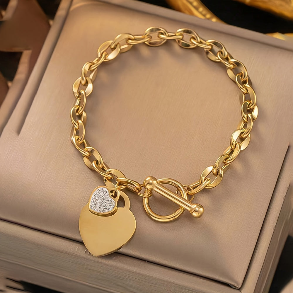 Elegant titanium steel love heart bracelet with cubic zirconia, ideal for casual wear.