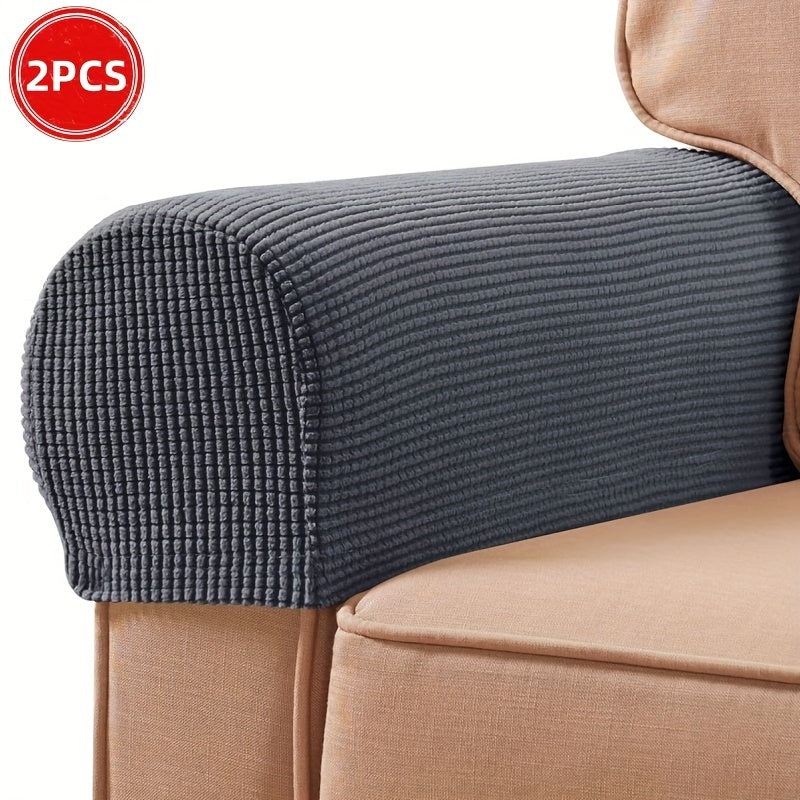 2 Stretch Armrest Covers made of durable spandex blend with plush texture. Scratch & dust resistant, and machine washable. Fits single to four-seater sofas & recliners in various colors.