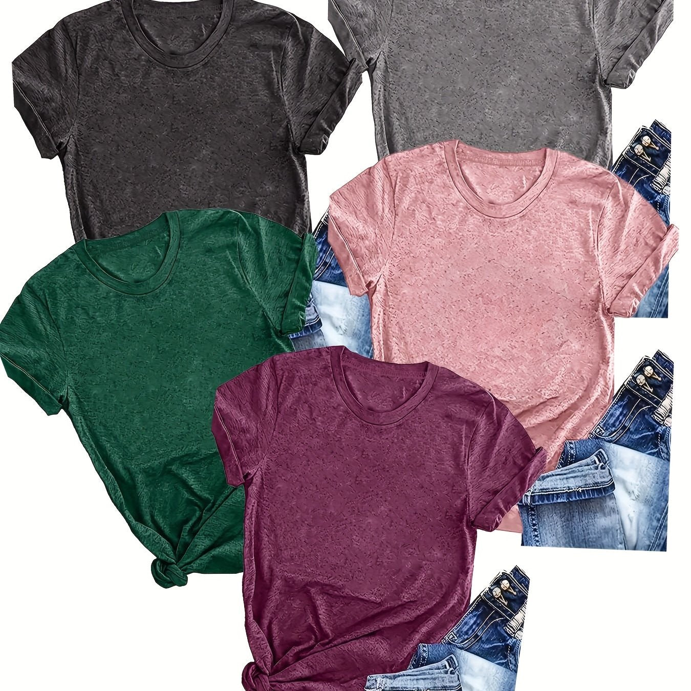 5-Pack Women's Casual Crew Neck T-Shirts, Solid Color Short Sleeve Summer Tops made from Polyester Knit Fabric with Slight Stretch