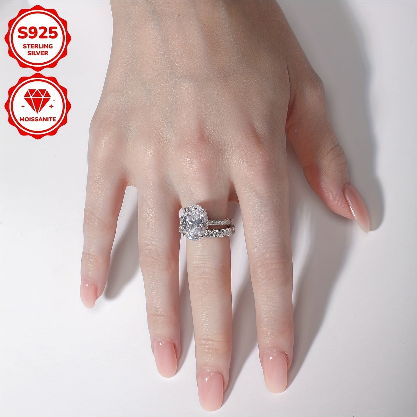 Timeless and sophisticated, this stunning 925 sterling silver ring features 22 synthetic Moissanite stones in a four-prong setting. The ring is elegantly finished with 18K gold plating, making it the perfect choice for a wedding, engagement, or Christmas