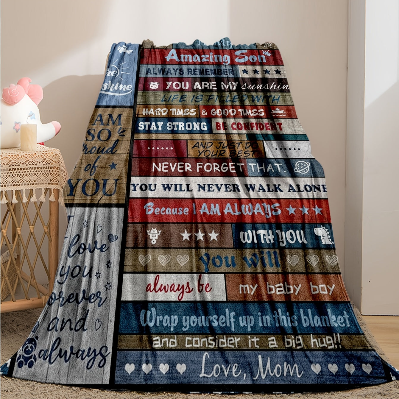 Contemporary Geometric-Patterned Flannel Blanket for Son - 1 Piece, Made from 100% Polyester Knitted Material, All-Season Multipurpose Throw featuring Inspirational Quotes from Mom - Perfect Gift Idea for Son