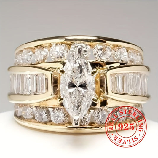 Luxurious 8.8g S925 Sterling Silver Ring with Marquise Cubic Zirconia, Perfect for Engagement or Wedding. Add some sparkle to your special day with this high-end piece of jewelry.