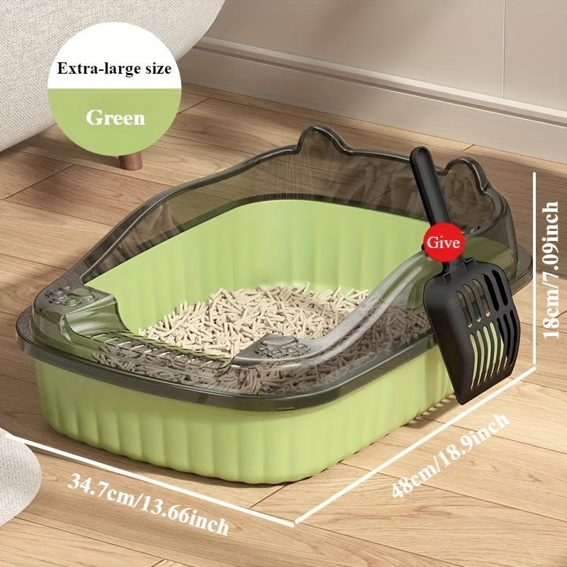 Durable ABS litter box with splash guard in 3 colors, includes scoop.