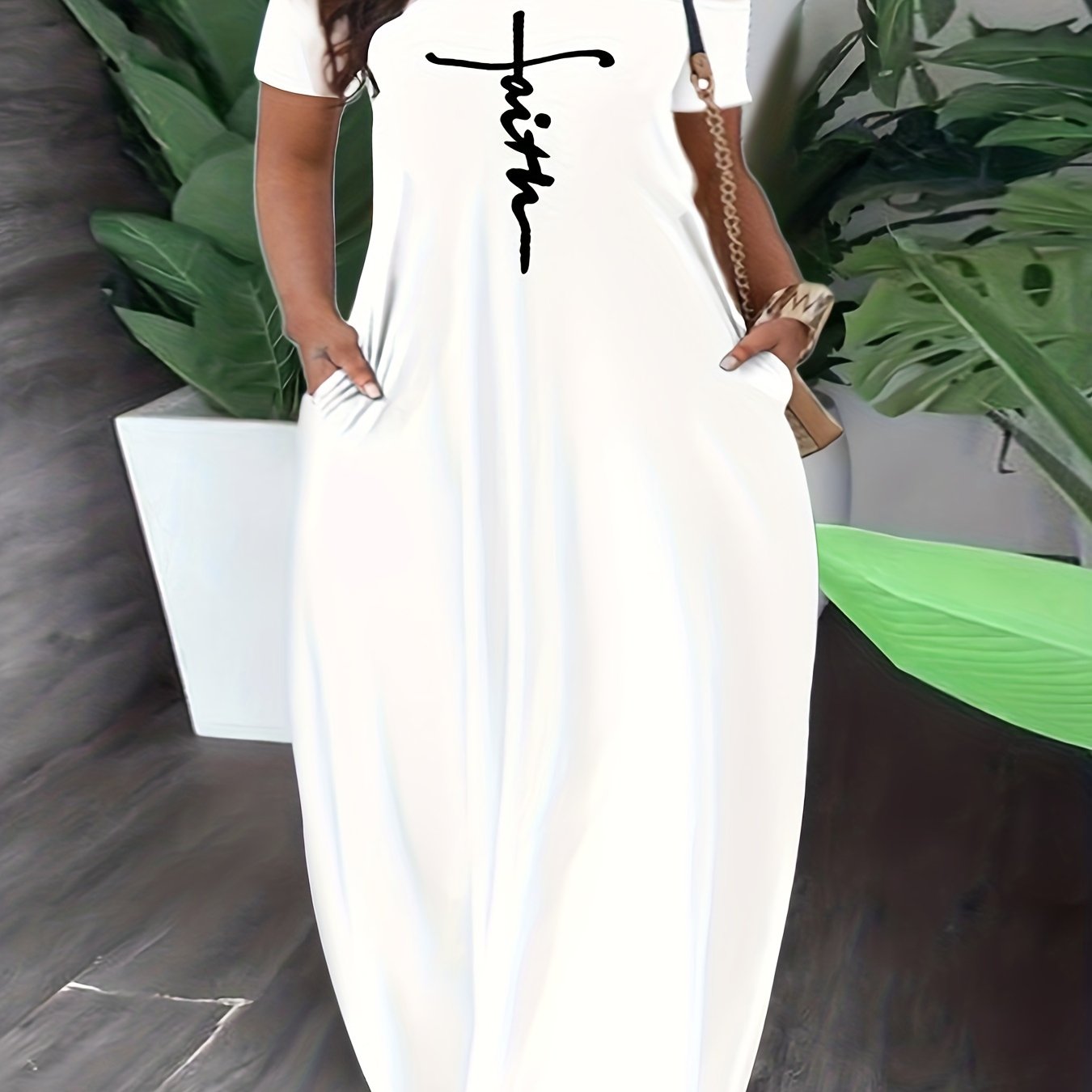 Off-shoulder maxi dress with pockets for plus-size women, featuring a cross letter print.