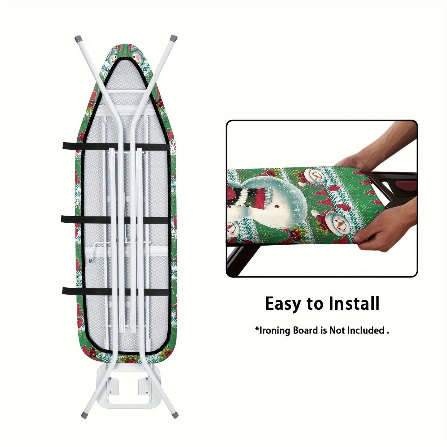 Protective Christmas snowman print ironing board cover for standard size boards, featuring a dust-proof and stain-resistant cloth. Add a cute holiday decor touch to your ironing routine.