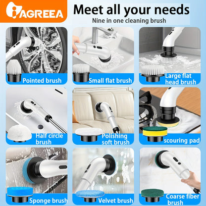 The IAGREEA electric rotary scrubber features 3 adjustable speeds and comes with a cordless electric rotary cleaning brush. It includes a handheld shower with 9 replaceable brush heads, an adjustable extended handle, and is suitable for use on tiles