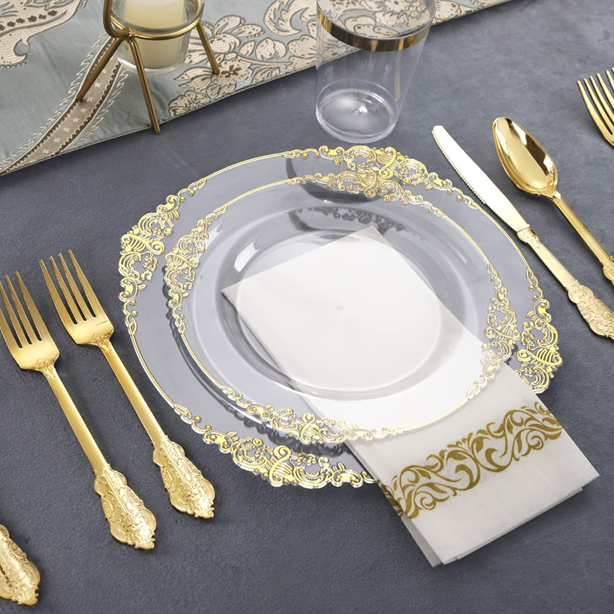 Complete set of elegant disposable dinnerware for 10 guests, includes 10 dessert plates, 10 salad plates, 10 napkins, 10 cups, and 30 pieces of cutlery (forks, knives, spoons). Ideal for wedding anniversaries and holiday parties.