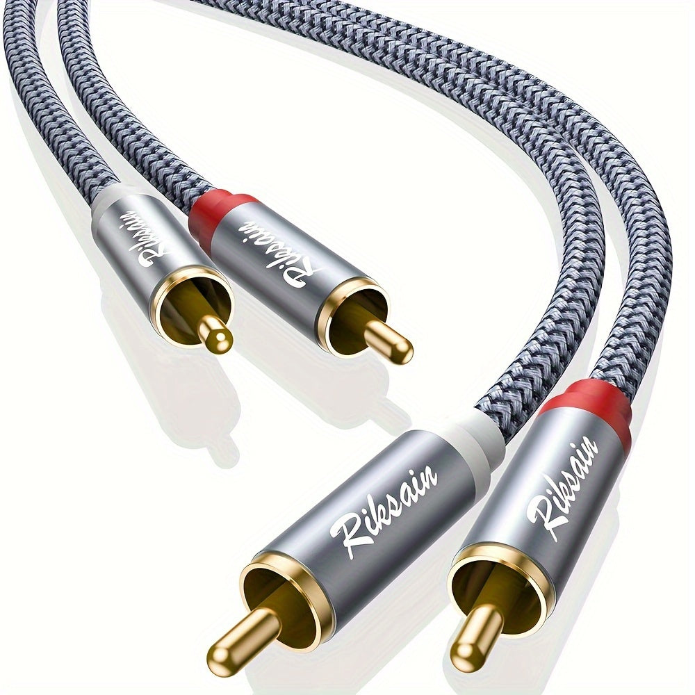 Gold-plated 2RCA Male to Male audio cable for lossless music transmission. High-fidelity nylon braided connector with low interference. Ideal for DVD, TV, home theater, games, and speakers.