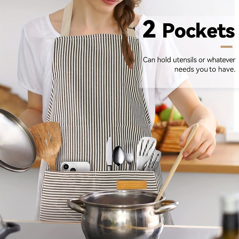 One or two adjustable aprons in a stylish black and white striped design, featuring a convenient pocket for both women and men in the home kitchen. Perfect for cooking, these chef aprons are essential kitchen supplies.