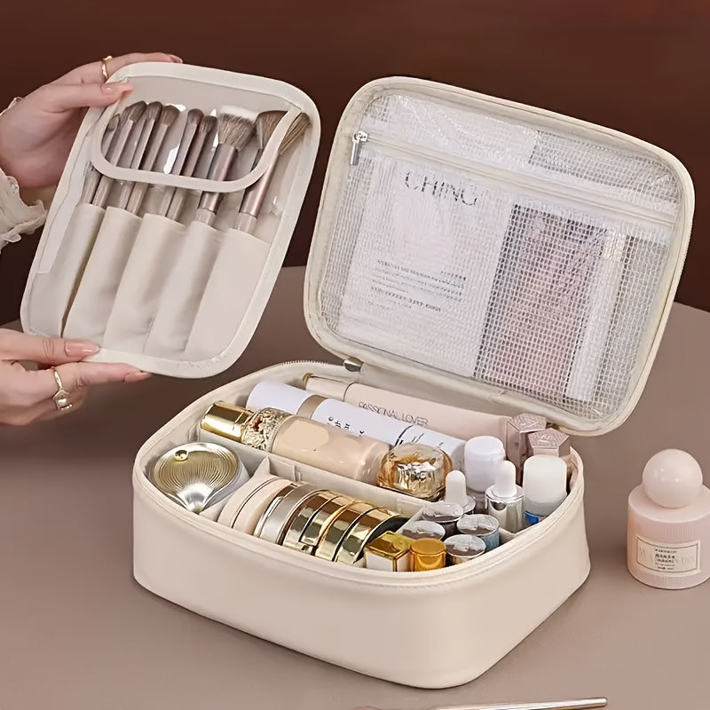 Large capacity detachable cosmetic bag with multiple layers and brush storage, suitable for both men and women.