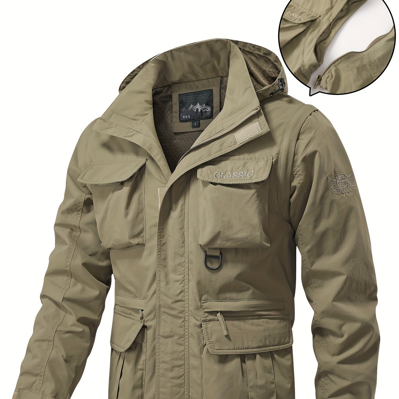 Men's Detachable Windbreaker Hooded Jacket with Multi Pocket Cargo Vest for Outdoor Activities.